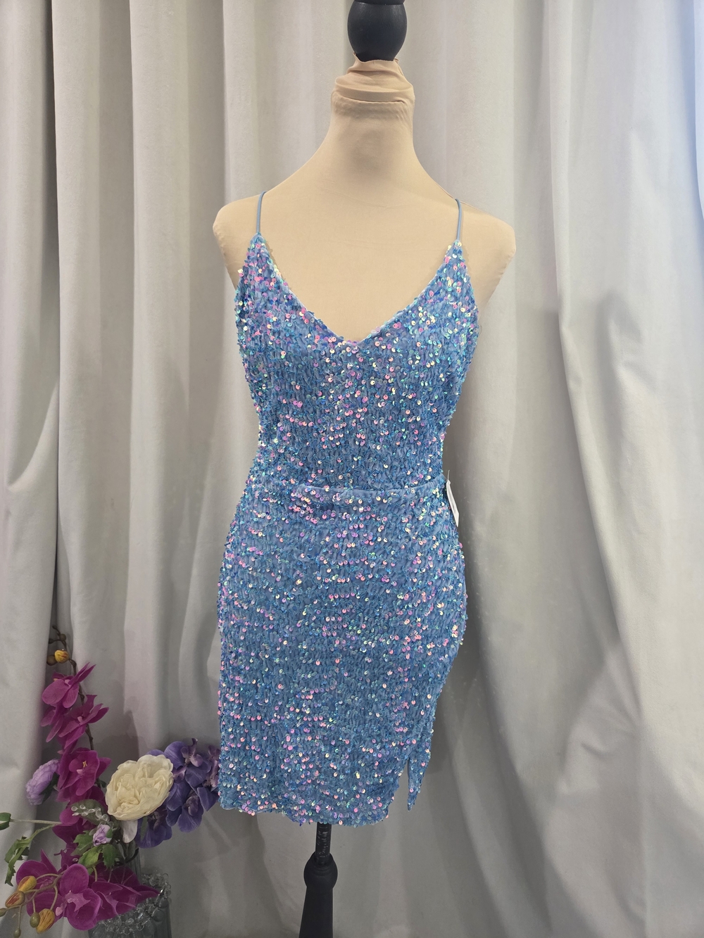 Iridescent Blue Sequin Cami Mini Dress